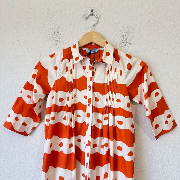 MIMISOL Long Shirt Dress Orange White Abstract Pleated Cotton Artsy NWT - Picture 4 of 12